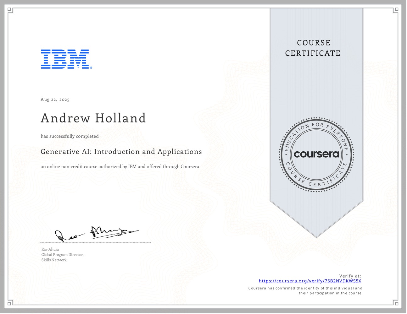 Course certificate thumbnail — Generative AI: Introduction and Applications