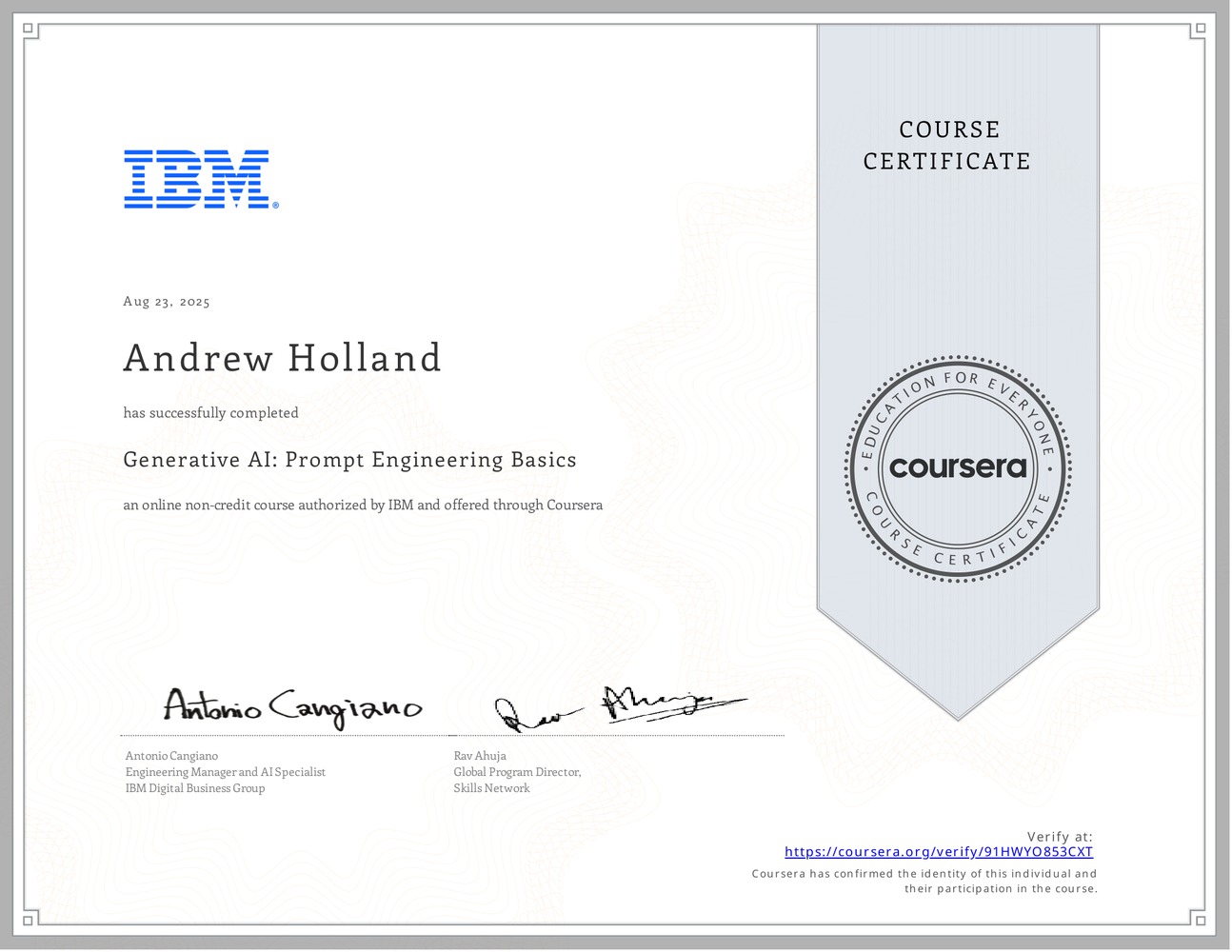 Course certificate thumbnail — Generative AI: Prompt Engineering Basics