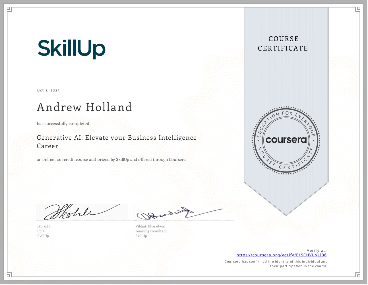 Course certificate thumbnail — Generative AI: Elevate Your Business Intelligence Career
