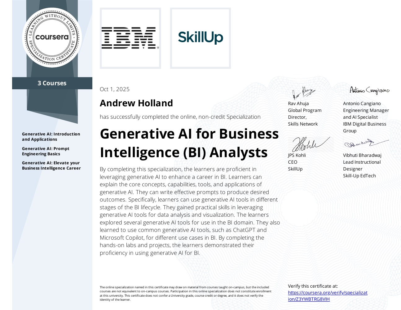IBM – Generative AI for Business Intelligence (BI) Analysts (Specialization) — certificate thumbnail